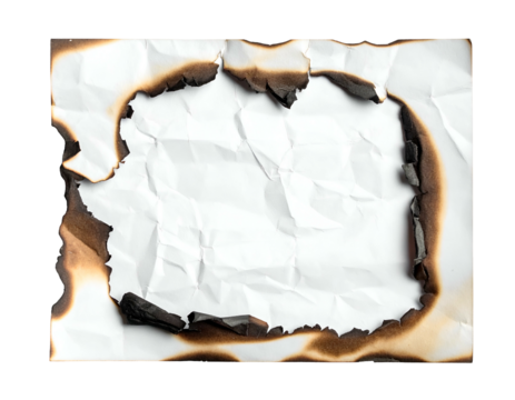 A creased white paper with burnt edges creating a frame, isolated on black