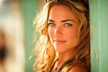Naklejka premium Smiling blonde woman with blue eyes leaning on a rustic wooden wall outdoors.