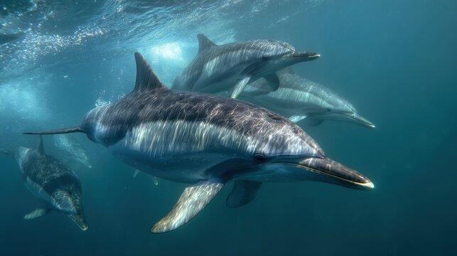 Pod of dolphins swim in clear blue ocean water with sun dappling the surface