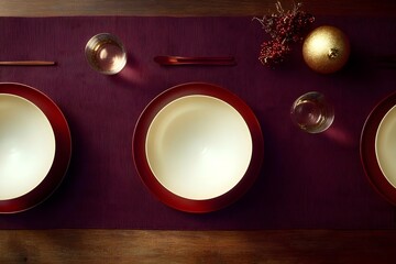 Minimal design. Christmas table with christmas ball and plates. Christmas decoration for a party