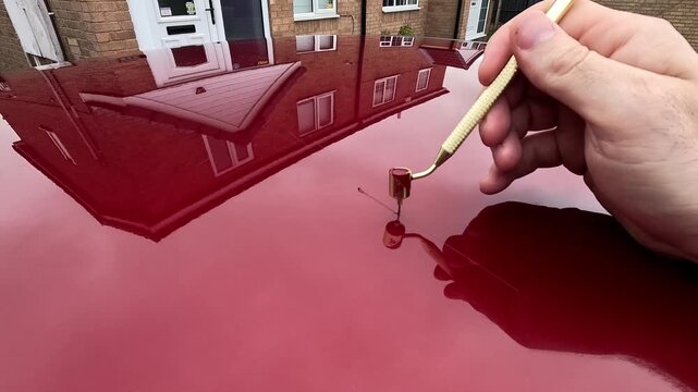 Touching in a scratch on a red car with fine touch up pen applicator - medium wide shot