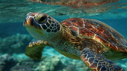 Obraz premium Sea turtle gracefully swims in clear ocean water, close-up, natural light, beautiful colors