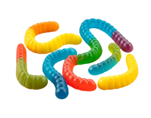 Close-up of colorful, wiggly gummy worms scattered on a black background