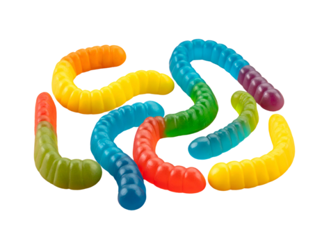 Close-up of colorful, wiggly gummy worms scattered on a black background