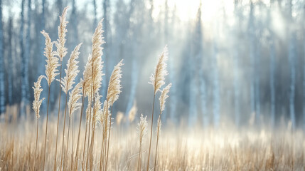 Fototapeta premium Soft mist and diffused sunlight illuminate tall grasses in serene landscape
