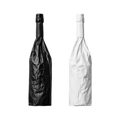 Two bottles wrapped in black & white paper, isolated