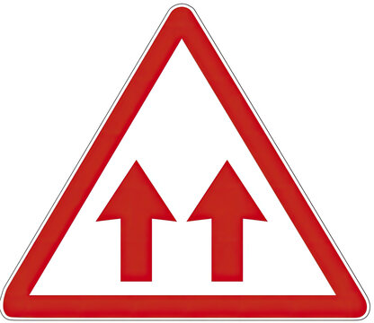 A triangular road sign featuring two upward-pointing arrows, outlined in red, on a white background