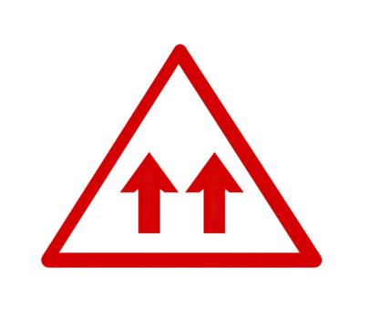 Red triangular road sign with two vertical arrows, indicating two-way traffic. Isolated on black