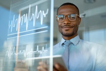 Confident businessman viewing digital data graph on transparent screen, holding tablet.