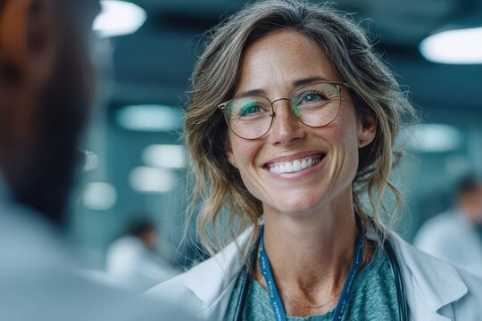 Smiling female doctor in glasses, conversing professionally in clinic. - Powered by Adobe