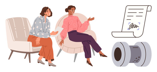 Two women seated and conversing, signed agreement with seal nearby. Ideal for communication, negotiation, agreement, collaboration, business deals, teamwork legal processes. Simple flat metaphor