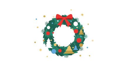 A festive Christmas holiday wreath with a red bow and colorful ornaments in a modern flat design vector illustration