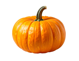 Vibrant orange squash with textured rind and curved green stem, isolated on black