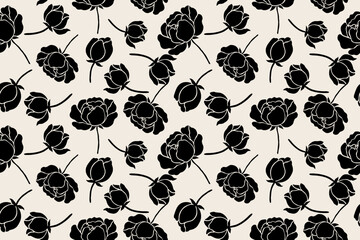 Elegant black floral pattern with blooming peonies on a beige background, perfect for modern fabric, wallpaper, or digital design aesthetics.
