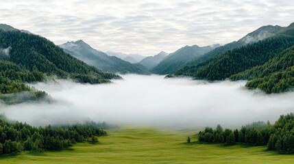 Soft morning fog over calm valley creates tranquil atmosphere in mountains