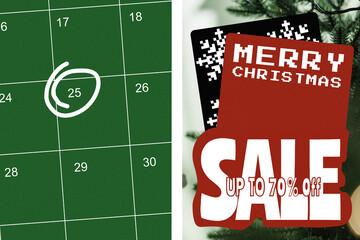 Christmas sale calendar promoting discounts with festive decorations during holiday season