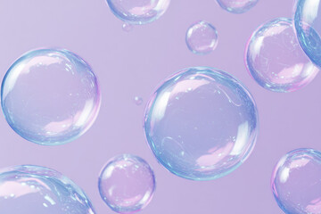 Transparent bubbles floating in surreal minimalist scene with soft purple background, creating dreamy and light atmosphere, perfect for abstract or whimsical concepts