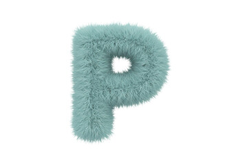 Isolated fuzzy turquoise letter P, fluffy soft fur alphabet character for playful design