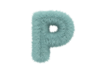 Isolated fuzzy turquoise letter P, fluffy soft fur alphabet character for playful design