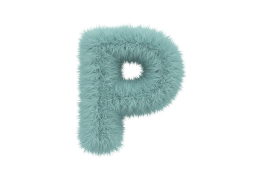 Isolated fuzzy turquoise letter P, fluffy soft fur alphabet character for playful design