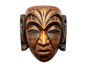Ornate, wooden mask of a stylized face with dark wood accents and intricate carvings