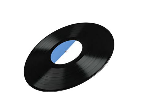 Oblique view of a vinyl record with a blue and white label against a black backdrop