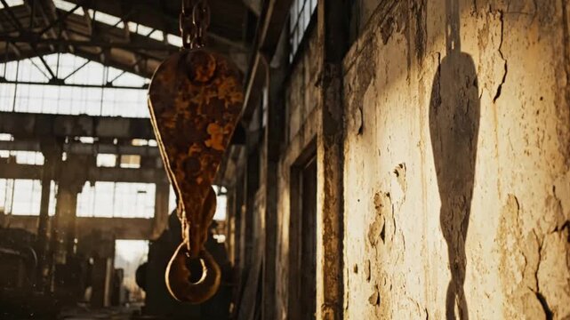 Close-up of a rusty industrial hook and its shadow on a decaying wall in a deserted factory at sunset