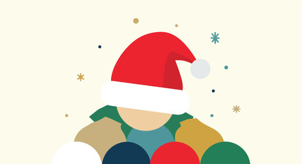 Flat vector illustration of a diverse community celebrating the Christmas holidays together with one person in a Santa hat