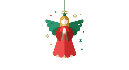 Hanging Christmas angel decoration with halo and wings. A festive winter holiday flat vector illustration on a white background