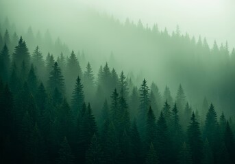 Fototapeta premium Misty Evergreen Forest Landscape, A Tranquil View of Nature's Beauty