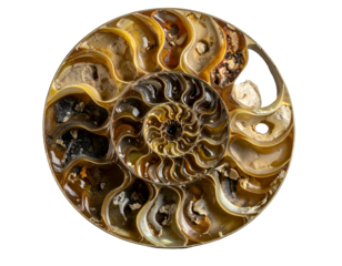 Cross-section of a fossilized spiral shell, showing chambers and patterns