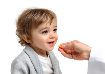 Happy toddler receiving a colorful capsule medicine or vitamin from a healthcare provider isolated on a transparent background