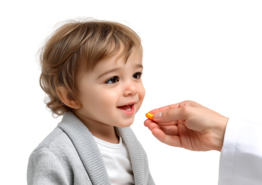 Happy toddler receiving a colorful capsule medicine or vitamin from a healthcare provider isolated on a transparent background