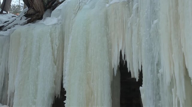 Seasonal Natural Wonder With Ice Curtains At Eben Ice Caves Near Eben Junction In Michigan's Upper Peninsula. Tracking Shot