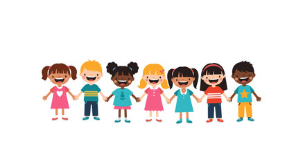 Diverse group of children holding hands together in unity.