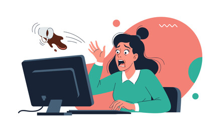Womans Computer Disaster: Coffee Spill and Panic.
