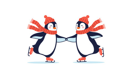 Two adorable penguins ice skating together in winter.