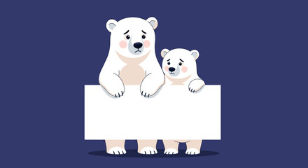 Polar bears holding a blank sign for advertisement or message.