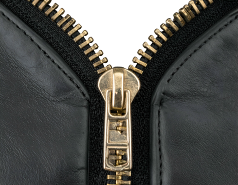 Close-up of a brass zipper, partially open, on black leather