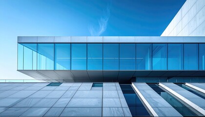 Minimalist modern building with glass facade, blue sky, clean lines, architecture 