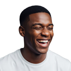Close up portrait of a young black man laughing joyfully isolated on transparent background