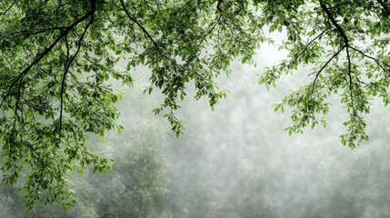 Fototapeta premium Lush green leaves frame serene misty background, creating tranquil atmosphere