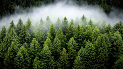 Fototapeta premium Lush green trees surrounded by soft mist create serene and tranquil atmosphere