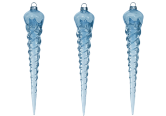 Isolated blue icicle Christmas ornaments with swirl pattern for seasonal holiday decorating