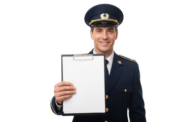 Smiling man in police uniform holding a blank clipboard isolated on transparent background