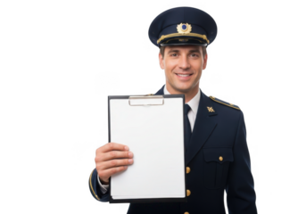 Smiling man in police uniform holding a blank clipboard isolated on transparent background