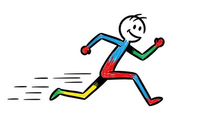 Fototapeta premium Crayon-style stickman running fast, fitness and motivation concept, cute handmade texture, white background