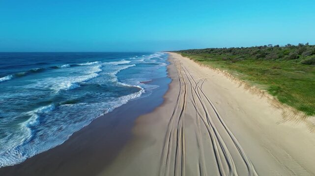 Drone aerial landscape of ocean waves breaking along sandy coastal beach with car tyre tracks through dunes and nearby bushland forest trees in Harrington NSW National Park Australia outdoors travel