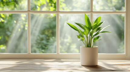 Fototapeta premium Bright green plant white pot wooden table, sunlight streaming through window, creating serene