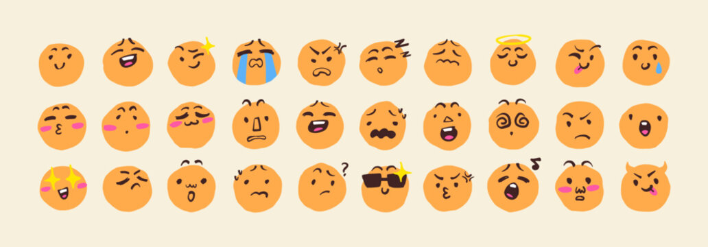 Set of doodle emojis. Funny, happy, sad, angry, crying and scared emoticons. Cute faces with different emotions and expressions. Flat isolated hand drawn vector illustrations on white background